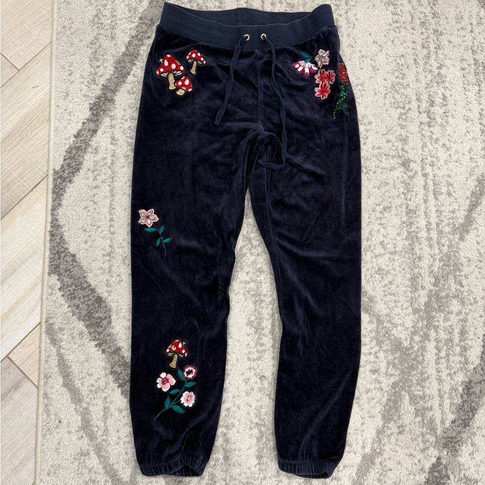 Juicy Couture Black Velvet Track Pants with Red & Pink Embroidered Flowers